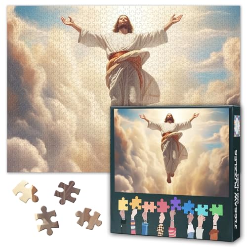 1000-teiliges Puzzle für Erwachsene, hochwertige religiöse Kunst Jesus, aufsteigend durch himmlische Wolken, spirituelle christliche Szene, herausforderndes Papierpuzzle, Familienaktivitätsgeschenk von TISHIRON