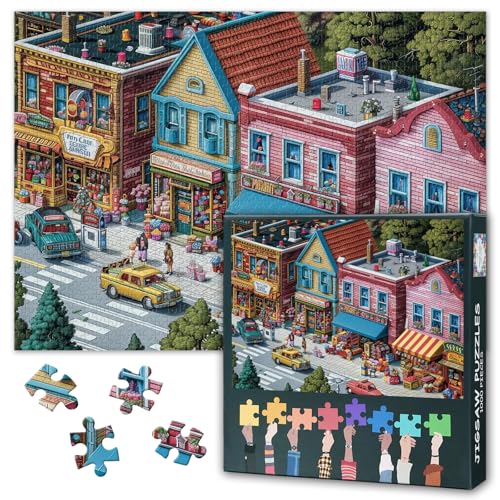 1000-teiliges Puzzle für Erwachsene, lebendige Straßengeschäfte Szene mit belebten Straßen mit verschiedenen Geschäften, Premium-Puzzles für Erwachsene, anspruchsvolle Puzzles (69,8 x 50 cm) von TISHIRON