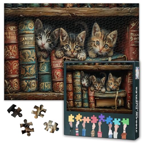 1000-teiliges Puzzle für Erwachsene – DREI neugierige Kätzchen Kunst-Puzzle | Freches Kätzchen auf dem Bücherregal Puzzles 1000 Teile für Erwachsene Design zum Stressabbau & für Familien 70 x 50 cm 1000-teiliges Puzzle für Erwachsene – DREI neugierige Kätzchen Kunst-Puzzle | Freches Kätzchen auf dem Bücherregal Puzzles 1000 Teile für Erwachsene Design zum Stressabbau & für Familien 70 x 50 cm von TISHIRON