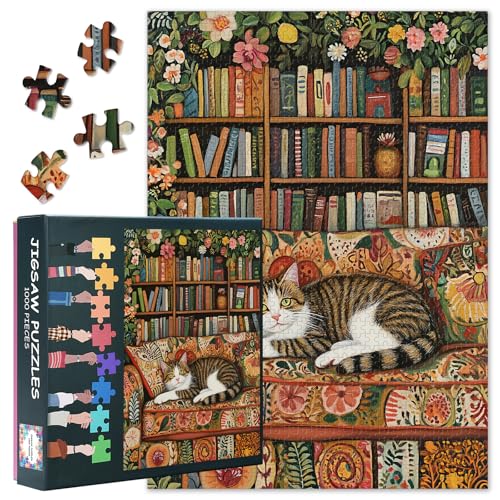 1000-teiliges Puzzle für Erwachsene – Eine Elegante Katze, die vor einem Bücherregal auf dem Sofa liegt, DIY1000-teiliges Puzzle für Erwachsene (Puzzle mit niedlichem Kätzchenmotiv) 70 x 50 cm von TISHIRON