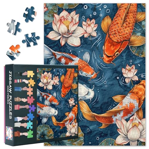 1000-teiliges Puzzle für Erwachsene – bunte Koi-Fische und Lotus-Teich-Puzzles, ruhige Wasserszene mit Lotusblättern und Blumen, Premium-Sammelpuzzlebrett, 70 x 50 cm 1000-teiliges Puzzle für Erwachsene – bunte Koi-Fische und Lotus-Teich-Puzzles, ruhige Wasserszene mit Lotusblättern und Blumen, Premium-Sammelpuzzlebrett, 70 x 50 cm von TISHIRON