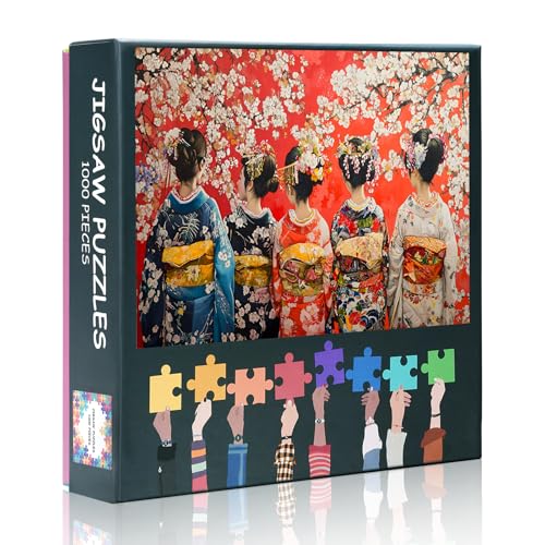 1000-teiliges japanisches traditionelles Kimono-Puzzle mit vier jungen Mädchen in Silhouetten, umgeben von Kirschblüten für eine anspruchsvolle und fesselnde Aktivität 1000-teiliges japanisches traditionelles Kimono-Puzzle mit vier jungen Mädchen in Silhouetten, umgeben von Kirschblüten für eine anspruchsvolle und fesselnde Aktivität von TISHIRON