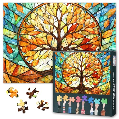 Abstraktes Buntglas-Puzzle 1000 Teile - Lebensbaum in Mosaikoptik, 50x70 cm Farbenprächtig Detailreich Kunstpuzzle für Erwachsene Sammlerstück von TISHIRON