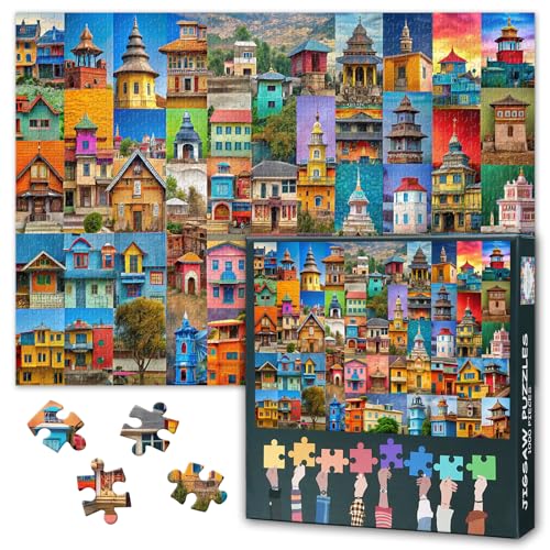 Architektonische Vielfalt Jigsaw Puzzle, Bunte Collagen von Verschiedenen Häusern auf der Ganzen Welt Herausfordernde 1000 Stück Puzzle für Erwachsene Dekoration & Familie Spaß Geschenk 27.5" x 19.6" von TISHIRON