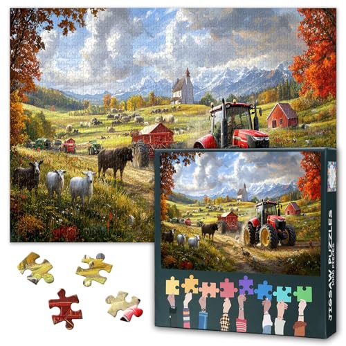 Bauernhof 1000 Stück Puzzle für Erwachsene: Bauernhof-Szene mit Traktor Tiere Berge Puzzles - Puzzles für Erwachsene 1000 Stück mit langlebigen Stücke Familie Bindung & Stressabbau 27.5"x19.6" von TISHIRON