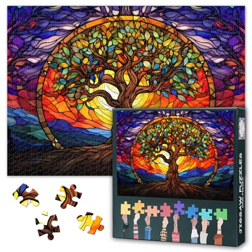 Baum des Lebens Puzzles für Erwachsene 1000 Stück Buntglas-Stil Puzzle Baum des Lebens und Sonne Puzzles 1000 Stück, Impossible Puzzle, 50x70 cm von TISHIRON