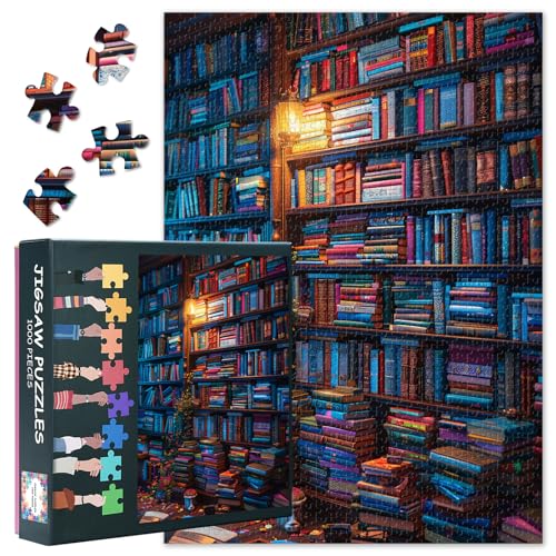 Bibliothek 1000 Stück Puzzle für Erwachsene, Puzzles 1000 Teile schwierig und Herausforderung Bunte Bücher, 70 x 50 cm Familie Puzzle Spiel Nacht & Home Decor (Bücherregal Serie) von TISHIRON