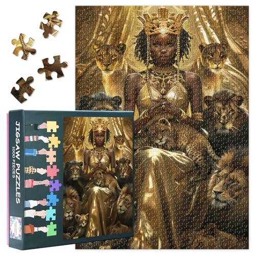 Black Girl Jigsaw Puzzles für Erwachsene 1000 Teile, Schöne afrikanische Frau in einem goldenen Kleid mit Einer goldenen Krone, umgeben von Löwenjungen Puzzle, 50x70 cm von TISHIRON
