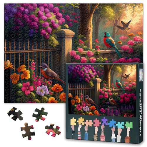 Blumen im Garten Puzzles 1000 Teile, Vögel am Zaun Sitzen Puzzle Erwachsene, Blumen 1000 Teile Puzzles für Erwachsene, 70 x 50 cm Puzzle Impossible Geschicklichkeitsspiel für die Ganze Familie von TISHIRON