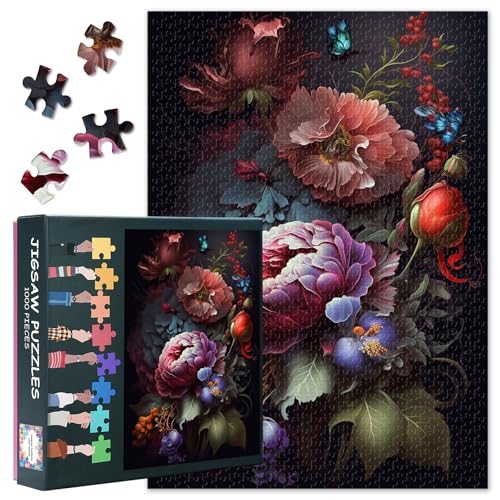 Blumenbeet Puzzle 1000 Teile für Erwachsene - Lebendige Blüten & Beerendekor, Naturmotiv Premium Puzzle 70x50 cm von TISHIRON