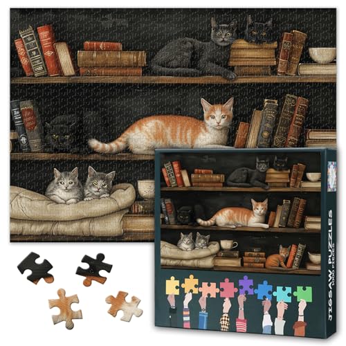 Bücherregal Puzzles 1000 Teile, Süße Katze Puzzle Erwachsene, Alte Bücher Tasse 1000 Teile Puzzles für Erwachsene, 70 x 50 cm Puzzle Impossible Geschicklichkeitsspiel für die Ganze Familie von TISHIRON