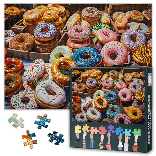 Bunte Donuts 1000 Stück Puzzle für Erwachsene Donuts Jigsaw Puzzles Home Wanddekoration für Erwachsene Teens Bildungsspielzeug Lustige Herausfordernde Fertige Größe: 70x50cm von TISHIRON
