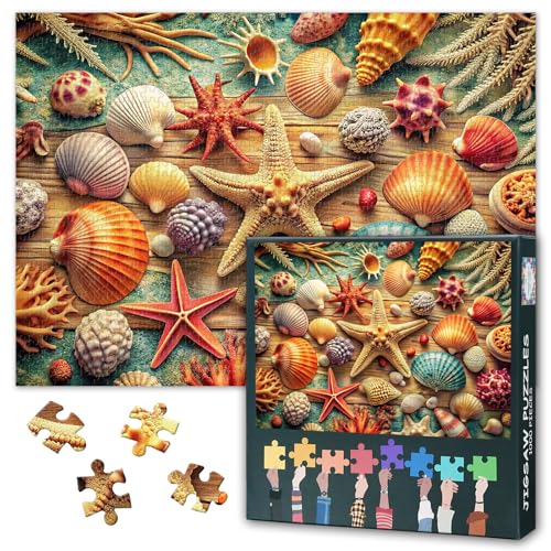 Bunte Muschel- und Seestern-Puzzles für Erwachsene, 1000 Teile, Wanddekoration für Zuhause, anspruchsvolle Puzzles, geeignet für Spielabende, Geschenke für Familie und Freunde, Fertige Größe: 70 x 50 von TISHIRON