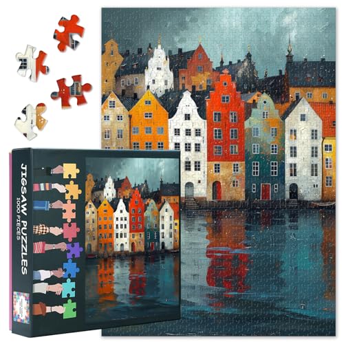 Bunte Norwegens Wasser Rand 1000 Stück Puzzle für Erwachsene Norwegische Dorfszene Puzzle Herausfordernd,Lebendiges Detail Ideal für Puzzles Enthusiasten Fertige Größe: 70x50cm von TISHIRON