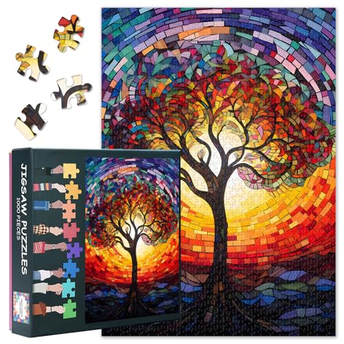 Buntes Glas Baum des Lebens Puzzle-1000 Stücke für Erwachsene herausforderndes Familienspiel als Geschenkidee, bunter Mosaik Baum des Lebens Puzzle-Puzzles 1000 Stücke Fertige Größe: 70x50cm von TISHIRON