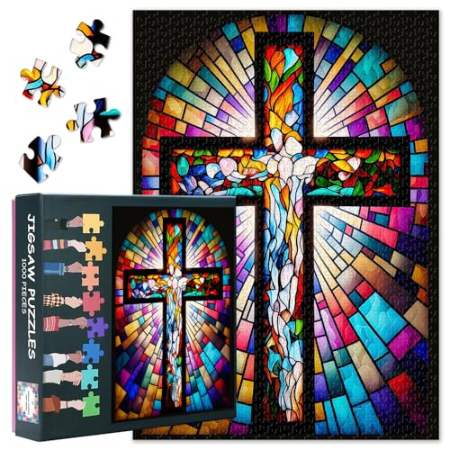 Buntglas-Kreuz-Puzzles für Erwachsene, christliches schwieriges Familienpuzzle, Lernspiele, Jesus Christus, herausfordernde Puzzles für Erwachsene, Männer und Frauen, Geschenk (69,8 x 50 cm) von TISHIRON
