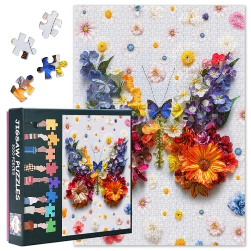 Butterfly 1000-Teile-Puzzle für Erwachsene – Buntes Blumen-Schmetterlingsgemälde 1000-Teile-Puzzle, herausfordernde und Dennoch Entspannende Aktivität für Liebhaber Abstrakter Pflanzen 20X27 INCH von TISHIRON