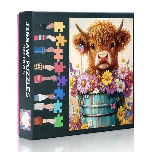 Calf Art 1000 Stück Puzzles für Erwachsene, Familie herausfordernde Puzzle-Spiel (Highland Cow & Blumen), Geburtstagsparty Geschenk für Männer Frauen Home Decor (70 x 50 cm) von TISHIRON