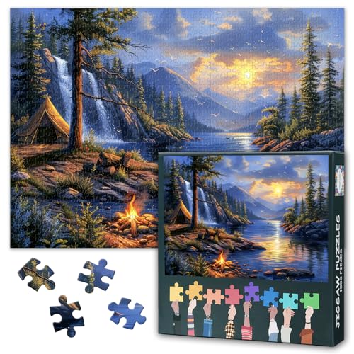 Camping-Puzzle, Sonnenuntergang-Wasserfall-Puzzles für Erwachsene, 1000 Teile, unmöglich, hart, schwierig, herausfordernd, Lagerfeuer, Puzzle für Erwachsene, 50,8 x 68,9 cm Camping-Puzzle, Sonnenuntergang-Wasserfall-Puzzles für Erwachsene, 1000 Teile, unmöglich, hart, schwierig, herausfordernd, Lagerfeuer, Puzzle für Erwachsene, 50,8 x 68,9 cm von TISHIRON