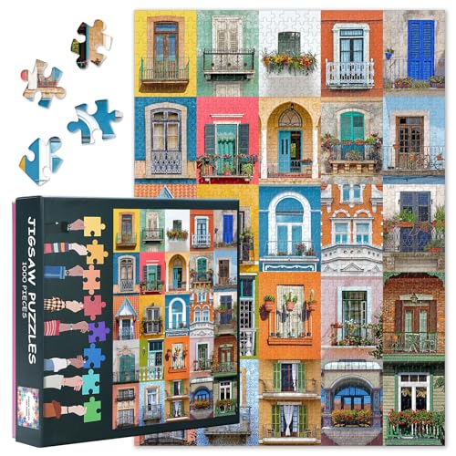 Collage Von Balkonen Puzzles Für Erwachsene 1000 Stück Schwierig Herausfordernd Balkon Fenster Puzzles Für Erwachsene Collage Von Fenstern Puzzle Perfekt Für Familie Spielabend 70cmx50cm von TISHIRON
