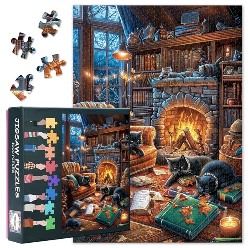 Cozy Cats by the Fireplace - Bücherregal Katze 1000 Teile Puzzle für Erwachsene - Lebendiges Katzenliebhaber herausforderndes Puzzle für Spielabende - Fertige Größe ist 69,8 x 49,8 cm (Katzen) von TISHIRON