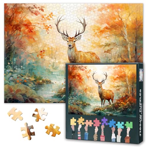 Deer 1000 Stück Puzzle für Erwachsene, Jigsaw Puzzles 1000 Stück schwierig und Herausforderung Herbst Wald Thema, 70 x 50 cm Familie Puzzle Spiel Nacht Geschenk (Serie Tiere) von TISHIRON