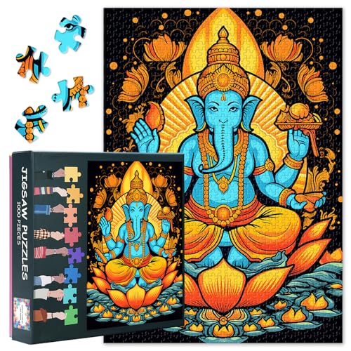 Deluxe 1000 Teile Puzzle Ganesha Hindu Gott Kunst Blendfreie Oberfläche Premium Puzzle Erlebnis 27,5x19,7 Zoll von TISHIRON