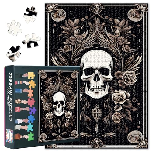Dunkelheit-Puzzles, Totenkopf und Rosen auf schwarzem Hintergrund, Puzzle für Erwachsene, 1000 Teile, unmöglich schwierige Puzzles für Erwachsene, 50 x 70 cm von TISHIRON