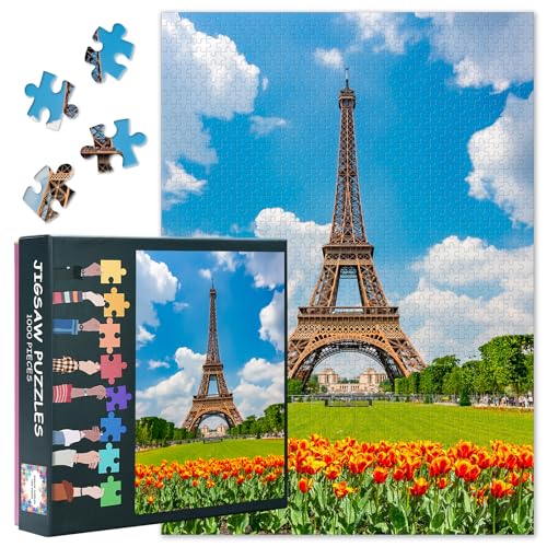 Eiffelturm Tulpen Puzzle 1000 Teile - Farbenfrohes Marsfeld Paris Frankreich | Lebendiges Landschaftspuzzle - 27.5x19.7 Zoll von TISHIRON