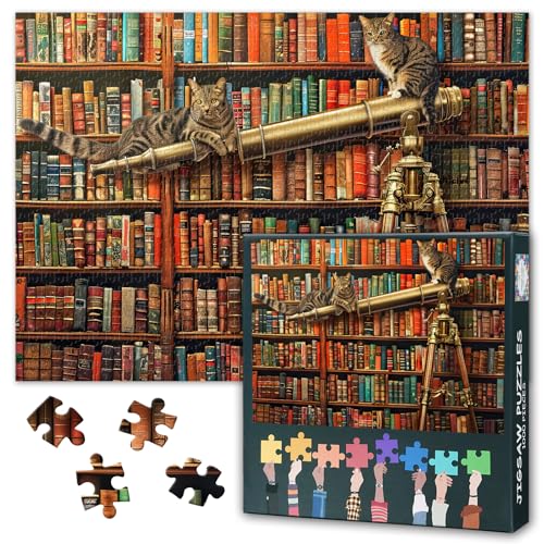 Enchanted Library – altmodisches Teleskop – skurrile Katzen – 1000-teiliges Puzzle für Erwachsene – herausforderndes Puzzle für Spieleabende – fertige Größe ist 70 x 50 cm von TISHIRON