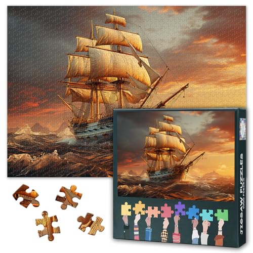 Erwachsene Puzzle 1000 Blöcke, Segelpuzzle auf dem Ozean, Piratenschiff Erwachsene Segelpuzzle, Puzzle-Spiele oder Spielzeug, geeignet für ältere Freunde 50X70CM von TISHIRON