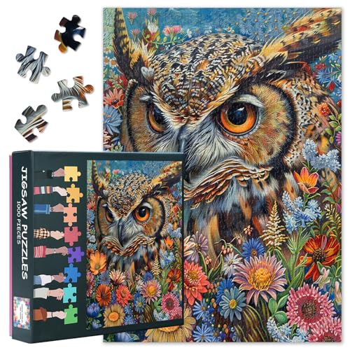 Eule Puzzle Puzzles 1000 Stücke für Erwachsene Eule und Blumen Puzzle Puzzles für Erwachsene Home Wanddekoration Teens Bildungsspielzeug Geschenke für Familie und Freunde Größe: 50x70cm von TISHIRON