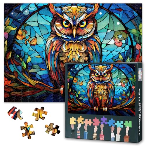 Eule auf Buntglas-Fenster-Puzzles für Erwachsene, 1000 Teile, Buntglas-Eule, Puzzles für Erwachsene, Geschenk, Heimdekoration, schwierige Herausforderung, Puzzle für Puzzle-Liebhaber, 70 x 50 cm von TISHIRON
