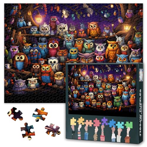Eulen Puzzle 1000 Teile Erwachsene - Mystischer Mondwald Nachtszene, Tierkunst Premium Puzzle mit 50x70 cm Motivgröße von TISHIRON