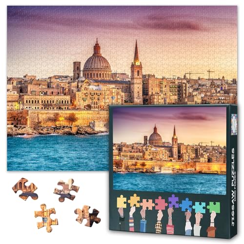 Europa-Stadt-Skyline-Puzzles für Erwachsene 1000 Teile – Valletta-Stadtbild bei Sonnenuntergang Herausforderndes Familienpuzzle, 27,5 x 19,7 Zoll Puzzlespiel für Frauen Wohnkultur von TISHIRON
