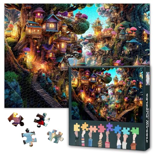 Fantasiehäuser im Wald, Puzzle, 1000 Teile für Erwachsene, Baumhaus-Puzzle für Erwachsene, Wald-Puzzles für Heimdekoration, Puzzle-Geschenke für Familie, Freunde, Spiele, 70 x 50 cm von TISHIRON