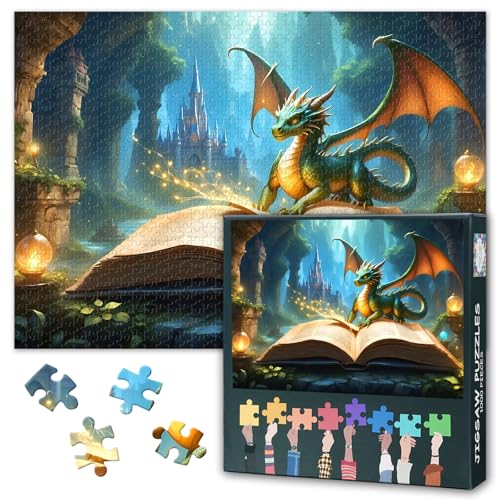 Fantasy-Buch Puzzle 1000 Teile - Farbenprächtig Dinosaurier & Magische Kreaturen, 50x70 cm Detailreiches Sammlerstück für Erwachsene Kunstpuzzle Sammlung von TISHIRON