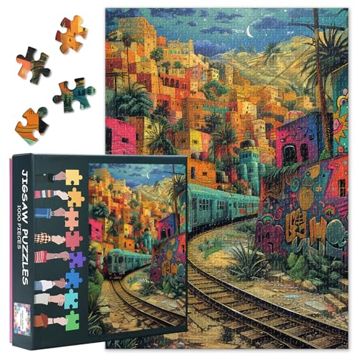 Fantasy City Puzzles für Erwachsene 1000 Teile, Zug fährt durch eine Bunte Stadt bei Nacht Puzzle, Unmögliche 1000 Teile Puzzles für Zuhause Wanddekoration, 50x70 cm Fantasy City Puzzles für Erwachsene 1000 Teile, Zug fährt durch eine Bunte Stadt bei Nacht Puzzle, Unmögliche 1000 Teile Puzzles für Zuhause Wanddekoration, 50x70 cm von TISHIRON