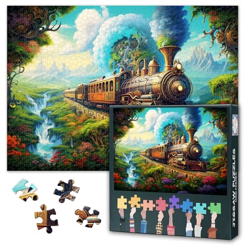 Fantasy-Landschaft 1000-Teile-Puzzle für Erwachsene, Dampflokomotive im Dschungel Puzzles 1000 Teile, Unmöglich herausfordernde Puzzles für Erwachsene, 50x70 cm von TISHIRON