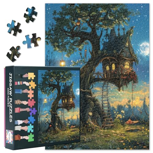 Fantasy-Puzzles 1000 Teile, Märchenhaus im Wald bei Nacht Puzzle für Erwachsene 1000 Teile, Baumhaus-Puzzles, 50x70 cm von TISHIRON