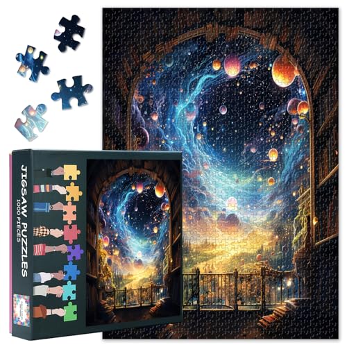 Fantasy-Puzzles mit 1000 Teilen für Erwachsene, Fantasy-Szene mit Bücherregalen und Planeten am Himmel, Jigsaw-Puzzles, unmögliche, herausfordernde Jigsaw-Puzzles für Erwachsene, 50x70 cm von TISHIRON