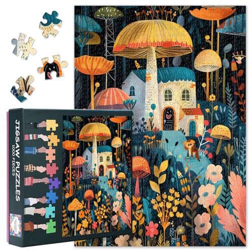 Farben Häuser 1000 Stück Puzzle für Erwachsene Pilze und Blumen Puzzles Lustige Puzzles und einzigartige mentale Übung für Zuhause Schlafzimmer Flur Dekoration Fertige Größe: 70x50cm von TISHIRON