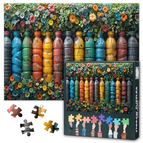 Flaschen und Blumen Puzzles für Erwachsene 1000 Teile - Alte Plastikflasche | Premium Puzzles 1000 Teile für Entspannung & Heimdekoration Fertige Größe: 70 * 50cm von TISHIRON