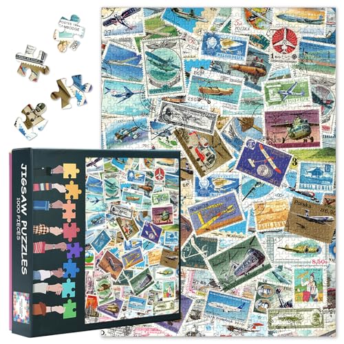 Flugzeuge und Luftfahrt Puzzles für Erwachsene 1000 Teile, gebrauchte Briefmarken aus der ganzen Welt Puzzle, Impossible 1000 Teile Puzzles für Home Wall Decor, 19.5 x 27.5 Zoll von TISHIRON