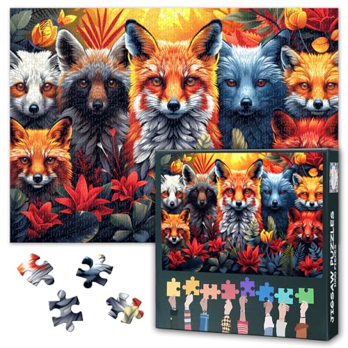 Fuchs-Puzzle 1000 Teile - Naturgetreu Tiere in üppiger Blumenlandschaft, Anspruchsvolle 50x70 cm Detailreich Botanisches Kunstwerk für Erwachsene von TISHIRON