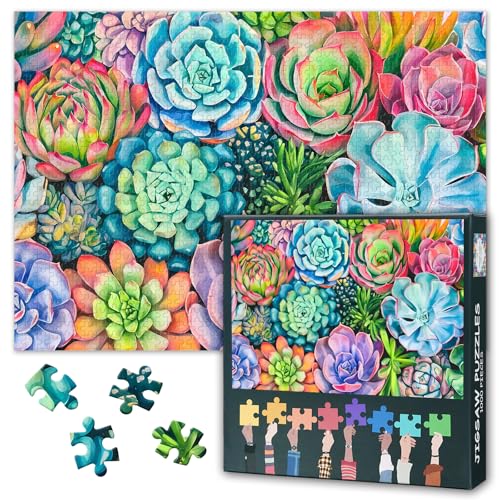 Geometrisches Sukkulenten Puzzle 1000 Teile - Moderne Kakteen Kunst, Neon Farbdesign - Premium Erwachsenenpuzzle 27.5x19.7 Zoll von TISHIRON