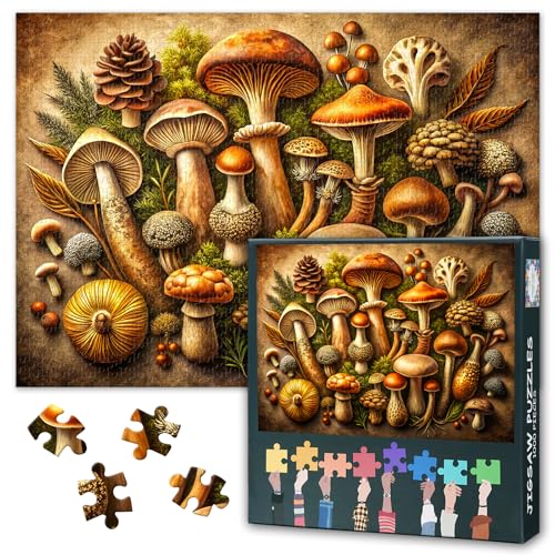 Handgezeichnete Pilze Puzzle 1000 Teile - Vielfalt der Waldpilze, 50x70 cm Botanische Sammleredition für Erwachsene & Naturfreunde von TISHIRON