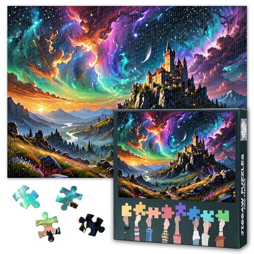 Herausforderndes Puzzle, 1000 Teile, Landschaft mit buntem Himmel, Puzzles für Erwachsene, Heimdekoration, Schloss auf dem Berg, Puzzle als Geschenk für Familie, Freunde, Partyspiele, 70 x 50 cm von TISHIRON