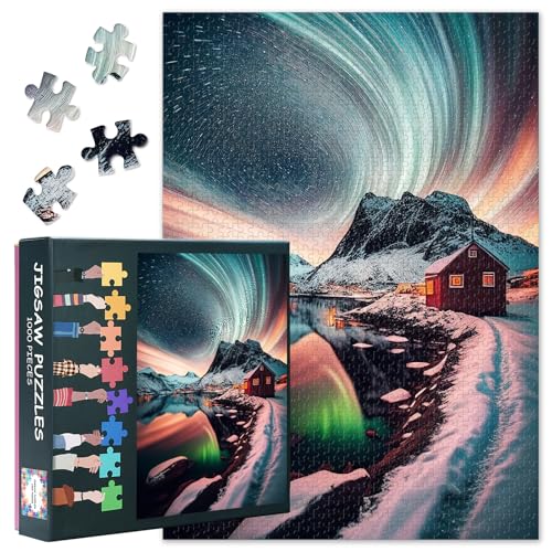 Herausforderndes Puzzle Für Erwachsene Aurora 1000 Stück Jigsaw Puzzles Für Heimdekor Schönes Dorf Mit Aurora Und Stern Intelligenz Puzzles Für Familienspiele Kunstwerk Dekor 50cmx70cm von TISHIRON