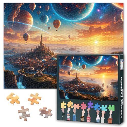 Himmelskörper 1000-teiliges Puzzle für Erwachsene, farbenfrohes Alien-Stadtbild bei Sonnenuntergang Puzzles 1000 Teile, unmöglich schwierige Puzzles für Erwachsene, 50 x 70 cm von TISHIRON